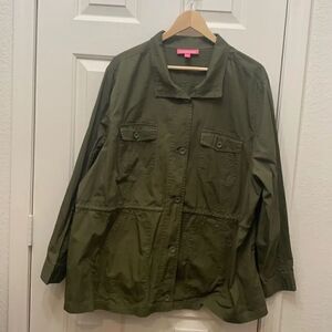 Woman Within Size 1X 💯 Cotton Army Green Fatigue Jacket  Adjustable Tie Waist